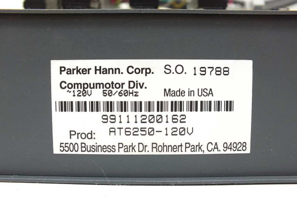 Parker Compumotor AT6250-120V rating label showing Parker Hann. Corp., Compumotor Div., 120V 50/60Hz, Made in USA, S/N 99111200162
