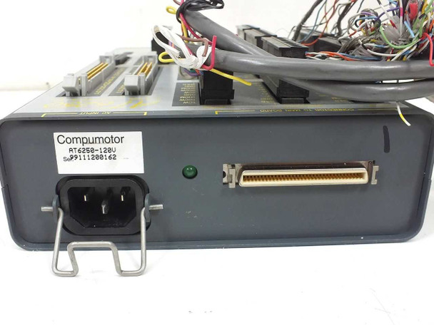 Parker Compumotor AT6250 rear panel showing IEC AC inlet, green LED indicator, and large DB50-style connector
