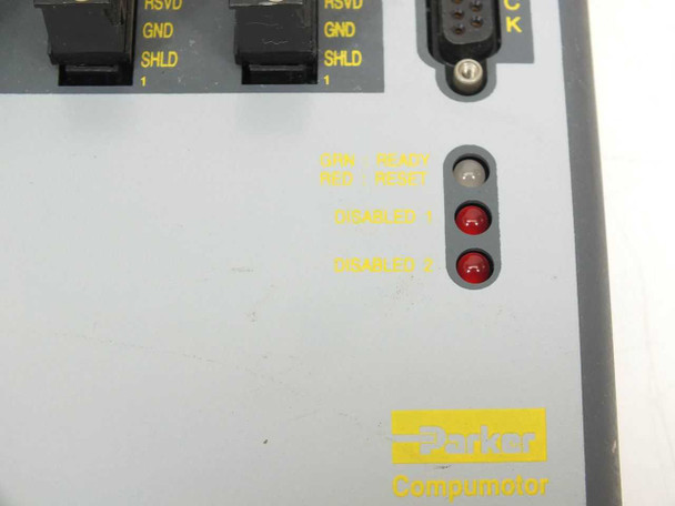 Parker Compumotor AT6250 lower panel detail showing indicator LEDs labeled GRN Ready, RED Reset, Disabled 1, Disabled 2 and Parker Compumotor logo