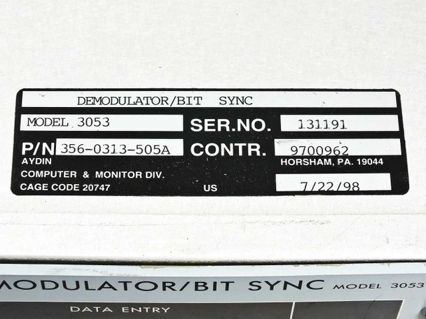 Aydin 3053 model label showing P/N 356-0313-505A, Model 3053, SER.NO. 131191, CONTR. 9700962, date 7/22/98