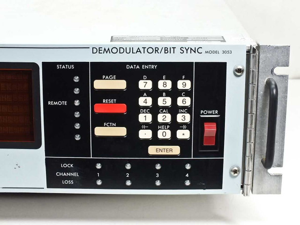 Aydin 3053 Demodulator Bit Sync front panel close-up showing PAGE, RESET, FCTN keys, numeric data entry keypad, LOCK/CHANNEL/LOSS indicators for 4 channels