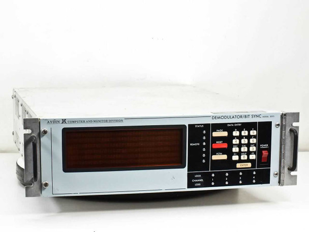 Aydin 3053 Demodulator Bit Sync front panel view showing LED display, DATA ENTRY keypad, STATUS indicators, and POWER switch