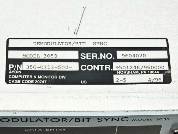 Aydin 3053 rating plate label showing model 3053, P/N 356-0313-502, serial number 9604020, Horsham PA, date 4/96