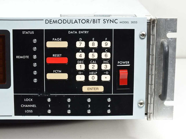 Aydin 3053 front panel right-side detail showing Demodulator/Bit Sync model label, data entry keypad, status LEDs, lock/channel/loss indicators, and red power switch