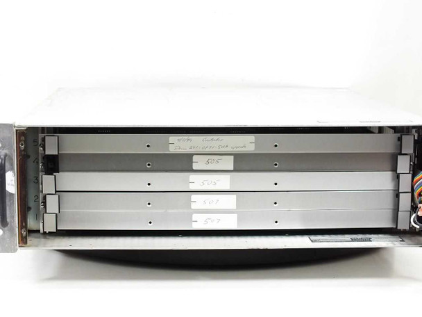 Aydin 3053 open top view showing card cage with five installed circuit and control cards with handwritten labels 505, 505, 507, 507