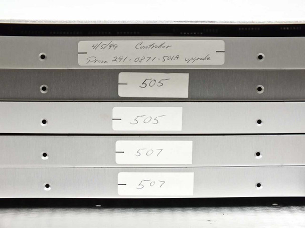 Aydin 3053 card cage close-up showing five card faceplates with handwritten labels: controller card (4/5/99, Prism 241-0871-501A upgrade), two 505 circuit cards, and two 507 circuit cards