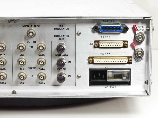 Aydin 3053 rear panel right section showing channel 4 input, test modulator output BNC, IEEE-488 (GPIB) connector, RS-232 DB25, RS-449 DB37, SYS GND, CHAS GND binding posts, and AC power inlet
