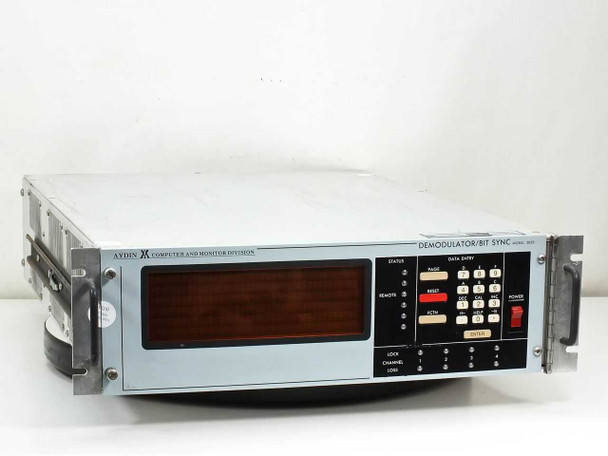 Aydin 3053 Demodulator Bit Sync front panel view showing LED display, data entry keypad, status indicators, and power switch