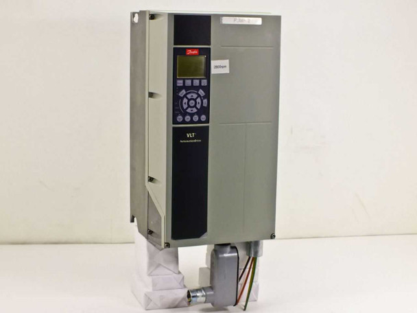 Danfoss VLT AutomationDrive 131B1962 — front-left three-quarter view showing LCP keypad, display, and conduit entry at base