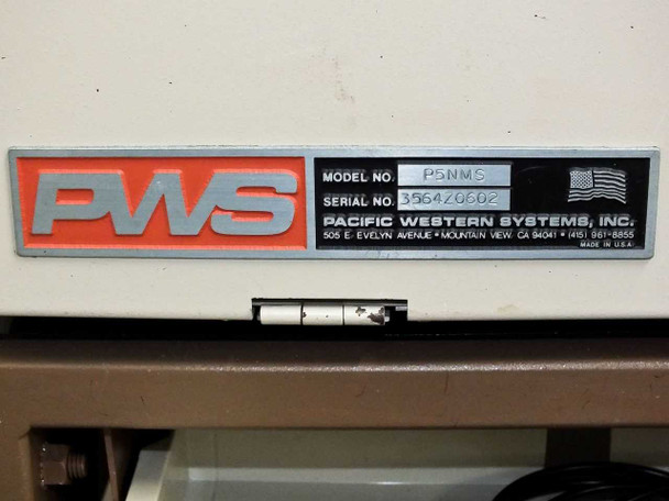 Pacific Western Systems PWS nameplate showing Model No. P5NMS and Serial No. 356420602, Made in USA
