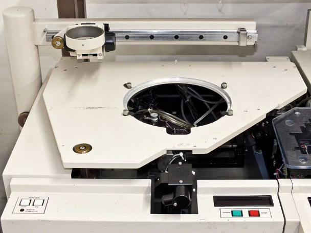 PWS P5NMS wafer chuck stage top view showing circular vacuum chuck opening, linear arm, and front-panel controls