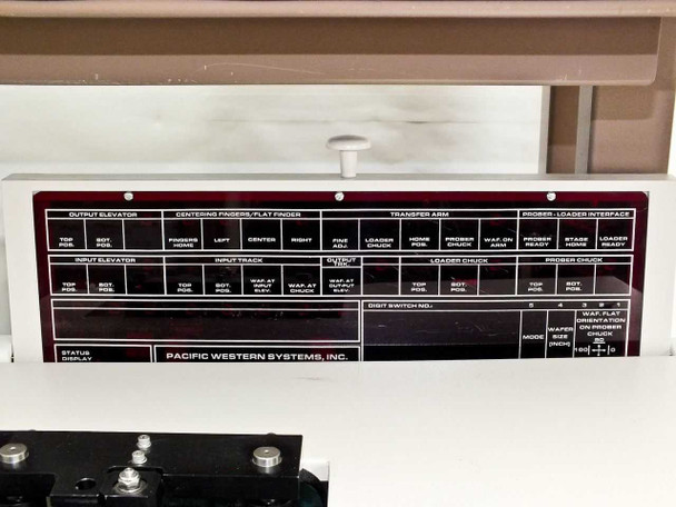 PWS P5NMS system status display panel showing output elevator, centering fingers, flat finder, transfer arm, and prober-loader interface indicators