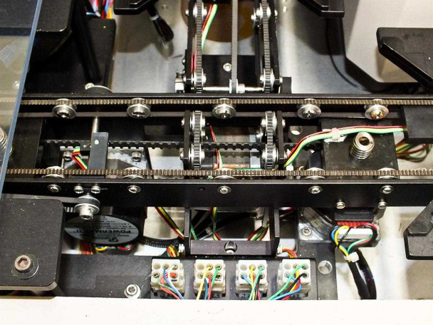PWS P5NMS internal drive mechanism showing timing belt, pulleys, stepper motors, and wiring harnesses