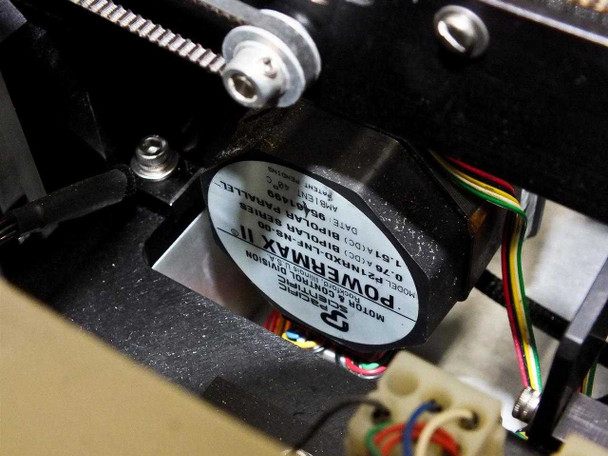 Close-up of Compumotor Powermax II bipolar stepper motor installed in PWS P5NMS transport mechanism