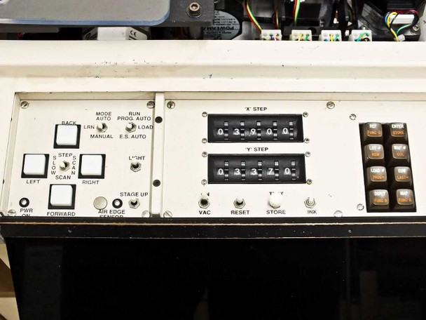 PWS P5NMS operator control panel showing mode switches, X Step and Y Step dial counters, VAC, Reset, Store, and Ink controls