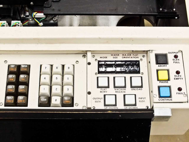 PWS P5NMS loader operator panel showing numeric keypad, wafer size/flat orientation mode selector, output elevator, abort, pause, fault, and continue controls