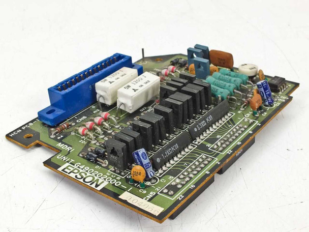 Epson G490202000 HCN PCB-147F Apple Printer Interface Card — top-side component view showing blue IDC connector, relay array, and Epson unit label