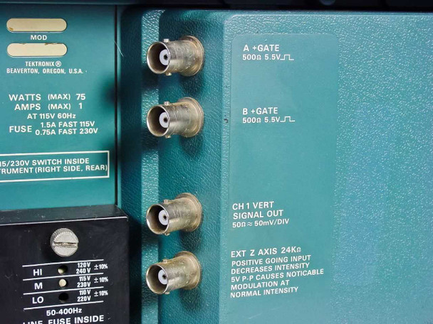Tektronix 465 rear panel BNC connectors close-up — A+GATE, B+GATE, CH1 VERT SIGNAL OUT, and EXT Z AXIS labels visible