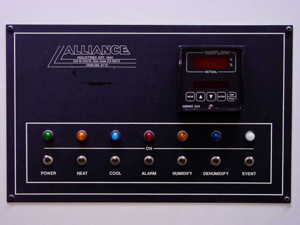 Alliance Industries control panel with Watlow Series 922 temperature controller and toggle switches for Power, Heat, Cool, Alarm, Humidify, Dehumidify, and Event
