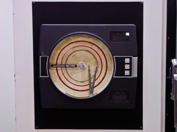 Partlow MRC 7000 circular chart recorder mounted in Alliance environmental chamber front panel with circular paper chart