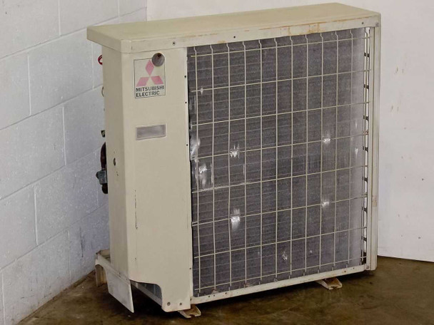 Mitsubishi Electric PU18EK condensing unit right side view showing condenser coil grille and Mitsubishi Electric logo label