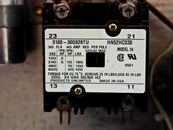 Close-up of Products Unlimited contactor HN52HC030 — 30 FLA, 40 AMP, 24 VAC coil, 600 VAC max, model 98