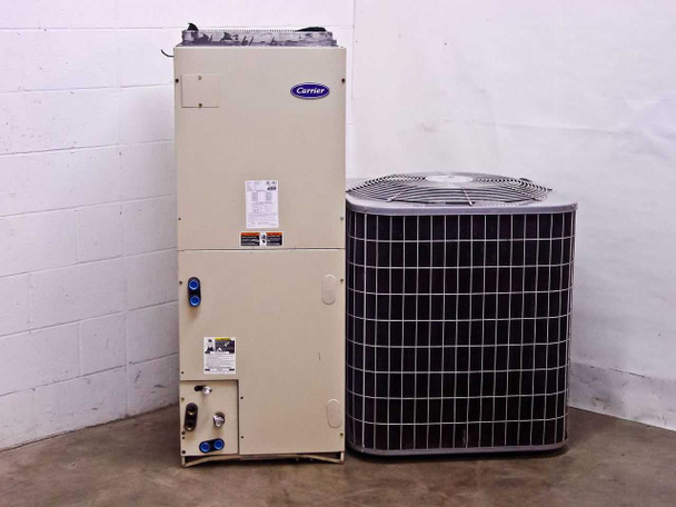 Carrier FB4ANF060 air handler and outdoor condenser unit shown together — front view with Carrier branding visible on air handler