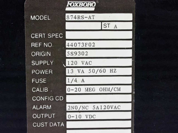 Foxboro 874RS-AT rating plate label showing model 874RS-AT, 120VAC supply, 13VA 50/60Hz, 0-20 MEG OHM/CM calibration, 0-10 VDC output