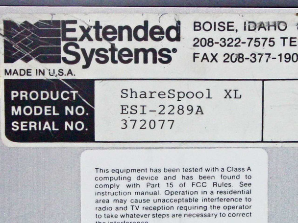 Extended Systems ESI-2289A product label showing model ESI-2289A, serial number 372077, Made in USA, Boise Idaho, FCC Part 15 Class A compliance notice