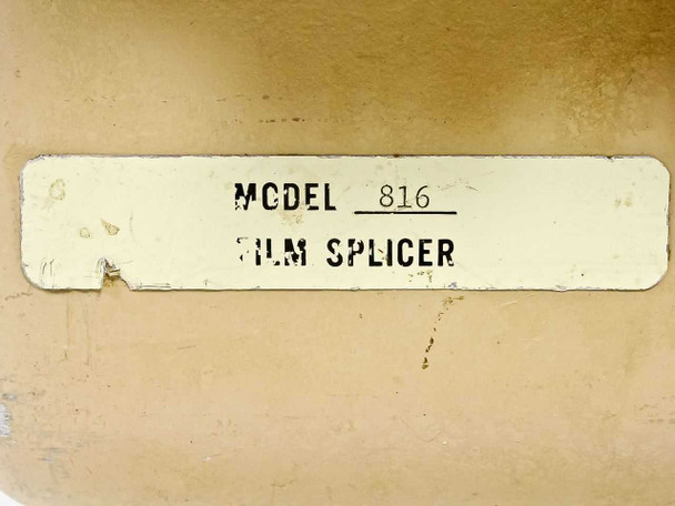 Gryphon 816 Film Splicer – close-up of bottom panel label reading Model 816 Film Splicer with wear and edge peeling