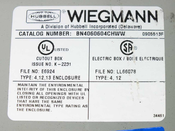 Wiegmann BN4060604CHWW enclosure label showing catalog number, UL and CSA listings, NEMA Type 4 12 13 enclosure ratings