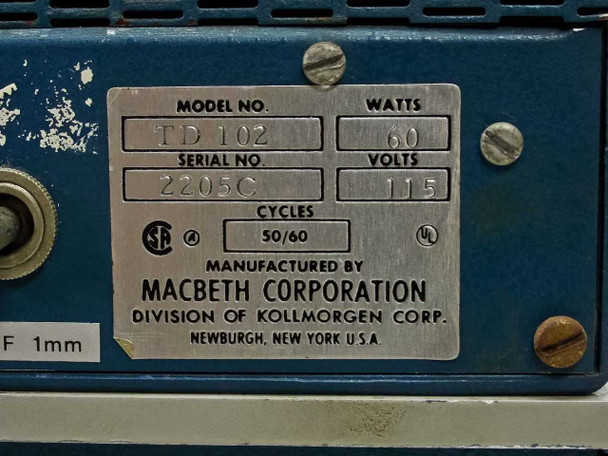 Macbeth TD-102 rating plate — Model TD 102, Serial No. 2205C, 60W, 115V, 50/60 cycles, Macbeth Corporation Division of Kollmorgen Corp., Newburgh NY USA