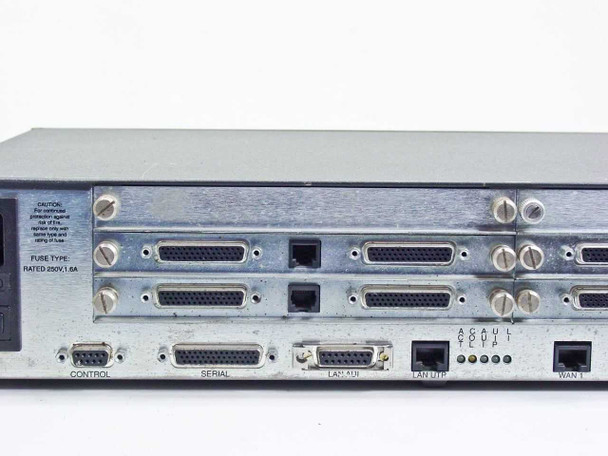 Ascend MXHP-4T1 MAX 4000 – rear panel close-up showing CONTROL (DB9), SERIAL, LAN-10I, LAN-MTP, WAN 1 ports and fuse label (250V 1.6A)