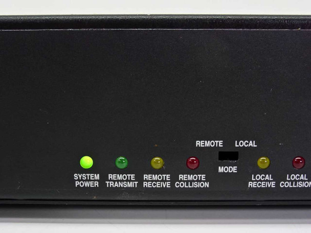 Black Box LE401A – front panel detail showing MODE switch location (switch missing), REMOTE/LOCAL indicators and collision/receive LEDs
