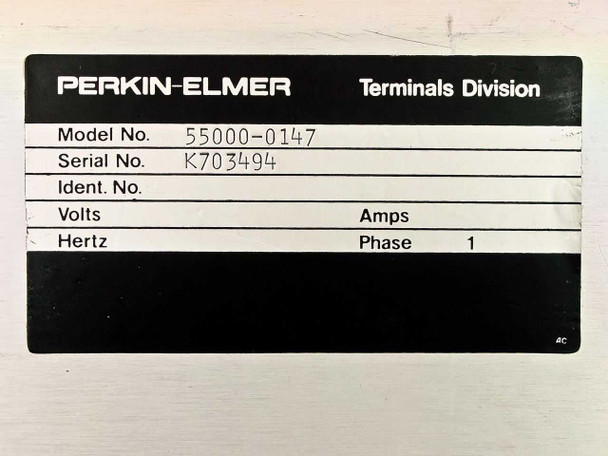 Perkin-Elmer Terminals Division label showing Model No. 55000-0147 and Serial No. K703494