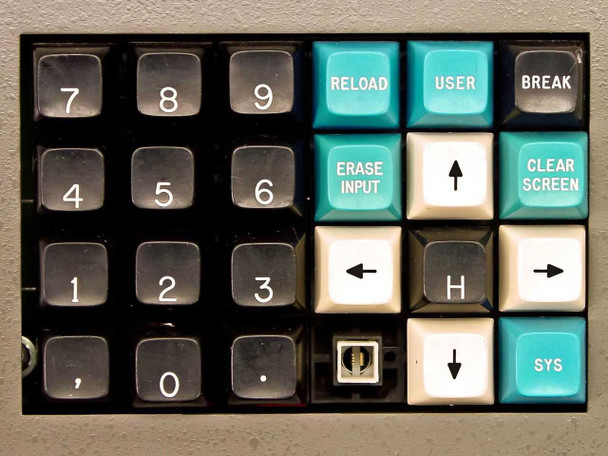 Numeric keypad and function key cluster showing RELOAD, USER, BREAK, ERASE INPUT, CLEAR SCREEN, SYS keys and missing key position next to down arrow