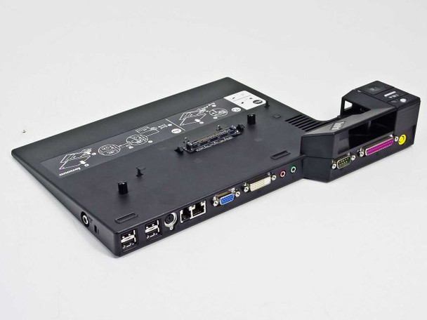 Lenovo ThinkPad 42W4638 Mini Dock – bottom/rear angled view showing DVI, VGA, USB, Ethernet, audio, serial and parallel ports