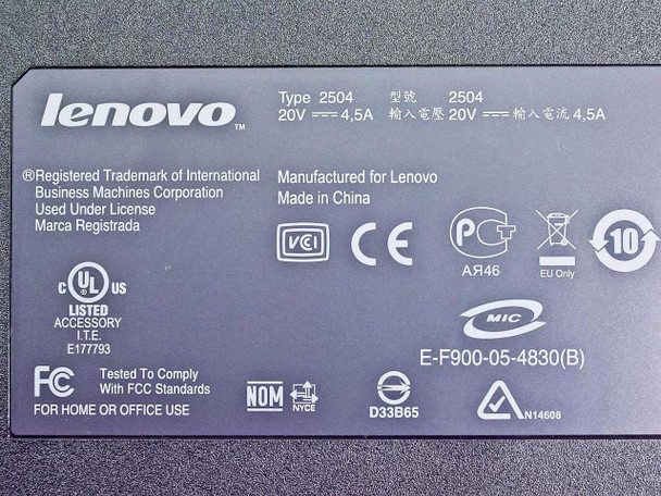 Lenovo ThinkPad 42W4638 Type 2504 rating label – shows Type 2504, 20V 4.5A, Made in China, FCC and CE certifications
