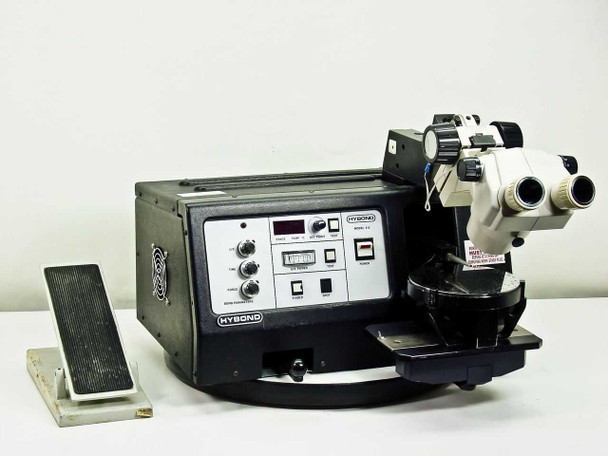 Hybond 512-06X-08 ultrasonic wedge wire bonder front view with Nikon SMZ-1 stereo zoom microscope and foot pedal