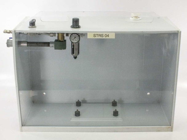 Custom poly clean room enclosure front view with STRS 04 asset label, transparent acrylic front panel, four interior anti-vibration rubber mounts, and top-mounted pressure regulator assembly