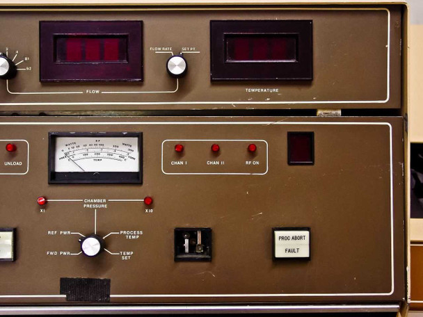 Tegal 701D right-side control panel showing flow and temperature digital displays, Chan I and Chan II selectors, RF On button, Chamber Pressure meter, Prog Abort/Fault indicator, and FWD PWR knob