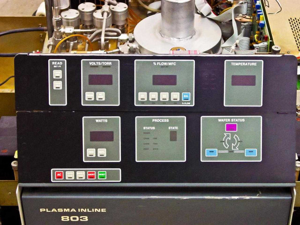 Tegal 803 front control panel close-up showing Volts/Torr, % Flow/MFC, Temperature, Watts, Process, and Wafer Status displays