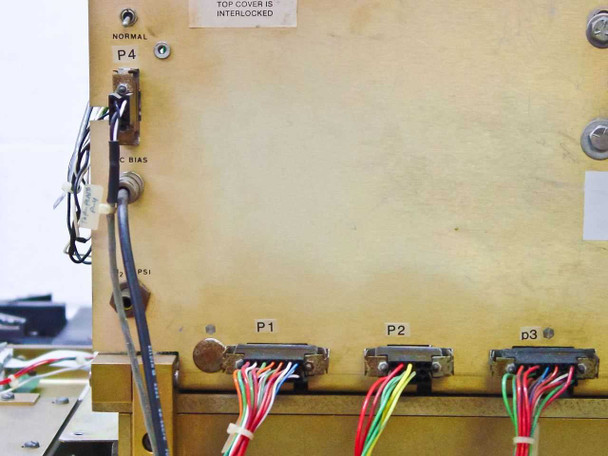 Tegal 803 internal rear panel showing P1, P2, P3, P4 multi-pin connectors, DC bias, RF connections, and wiring harnesses