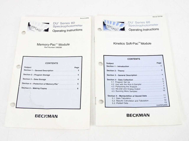Two Beckman DU Series 60 Spectrophotometer operating instruction manuals: Memory-Pac Module and Kinetics Soft-Pac Module