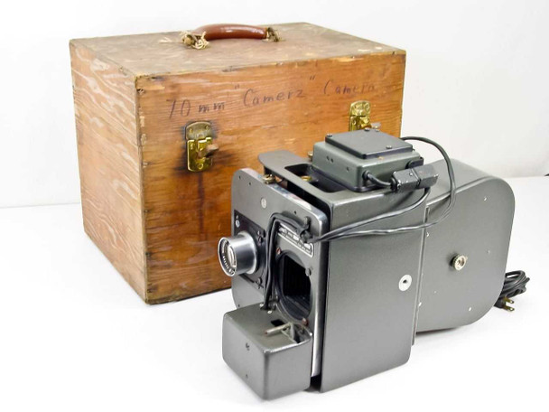 Photo-Control Corp Camerz Model 20 70mm long-roll school portrait camera with fitted wooden storage box labeled '70mm Camerz Camera'