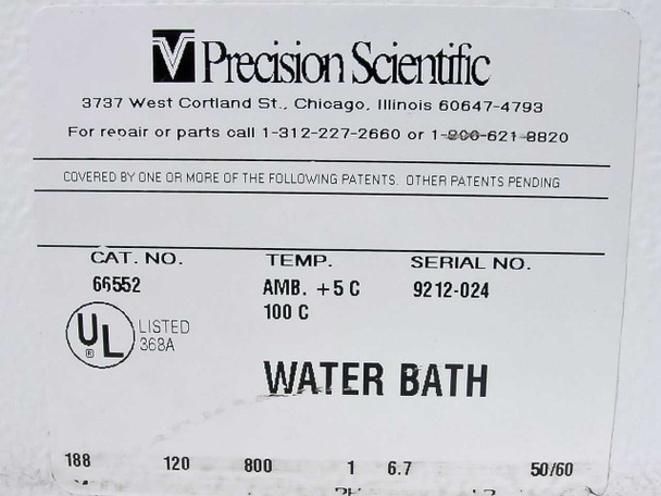 Precision Scientific 188 rating label showing Cat. No. 66552, 120V, 800W, 6.7A, 50/60Hz, temp range AMB +5C to 100C, serial 9212-024