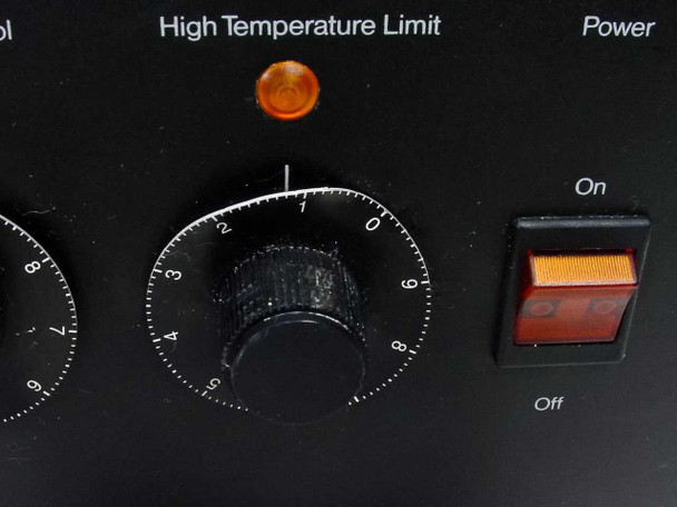 Close-up of right-side High Temperature Limit dial and Power rocker switch on Precision Scientific 188 water bath