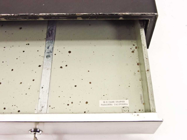 Sable SP-103 cash drawer – open drawer with M-G Cash Drawer Pasadena California label visible inside