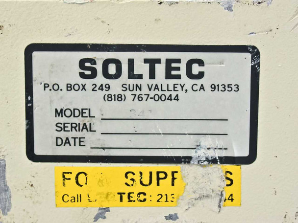 Soltec Corporation data plate showing P.O. Box 249 Sun Valley CA address with blank model and serial fields