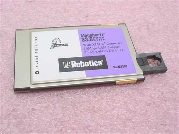 US Robotics XJEM3336 Megahertz 33.6 PCMCIA Modem Ethernet card – top label view with XJACK connector extended